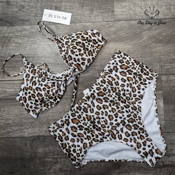 Realeaf Leopard Tie Front Bikini Swimsuit Size XL - Picture 2 of 5